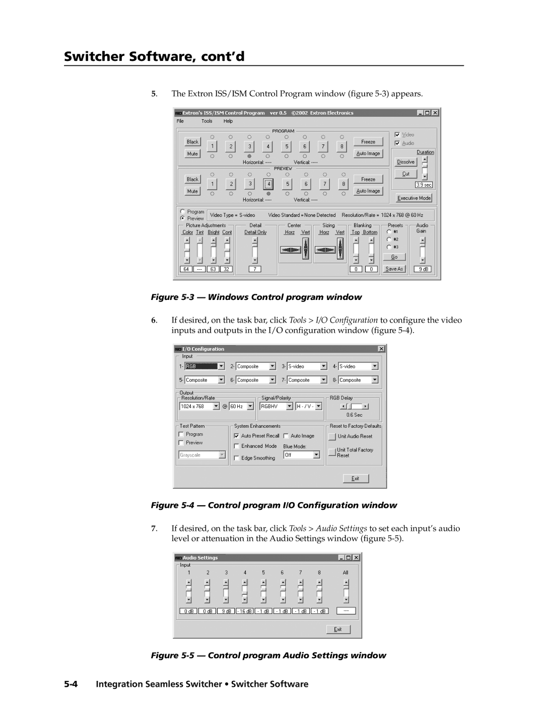 Extron electronic ISS 108, ISS 408 manual Switcher Software, cont’d, Windows Control program window 