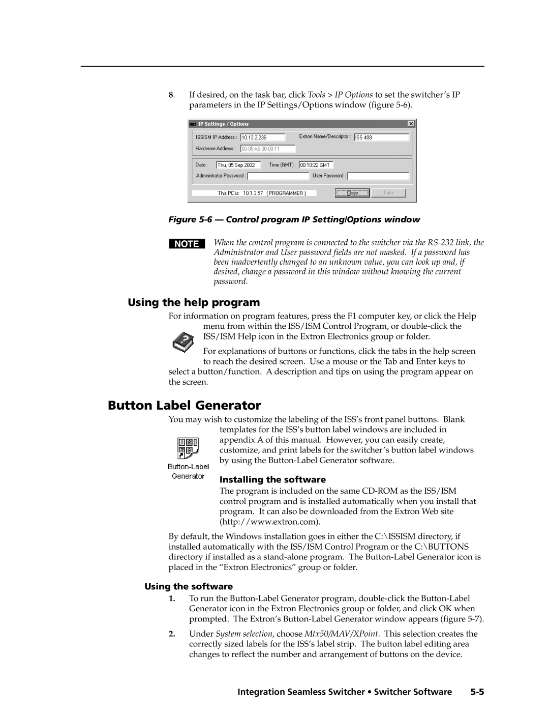 Extron electronic ISS 408 Button Label Generator, Using the help program, Installing the software, Using the software 