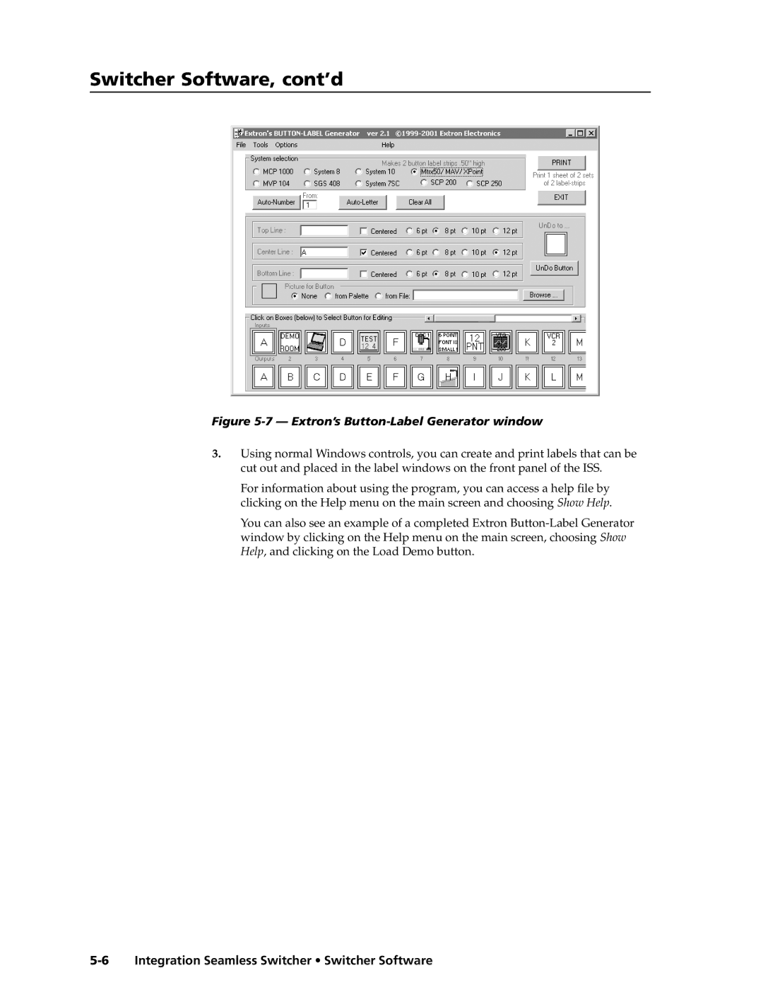 Extron electronic ISS 108, ISS 408 manual Extron’s Button-Label Generator window 