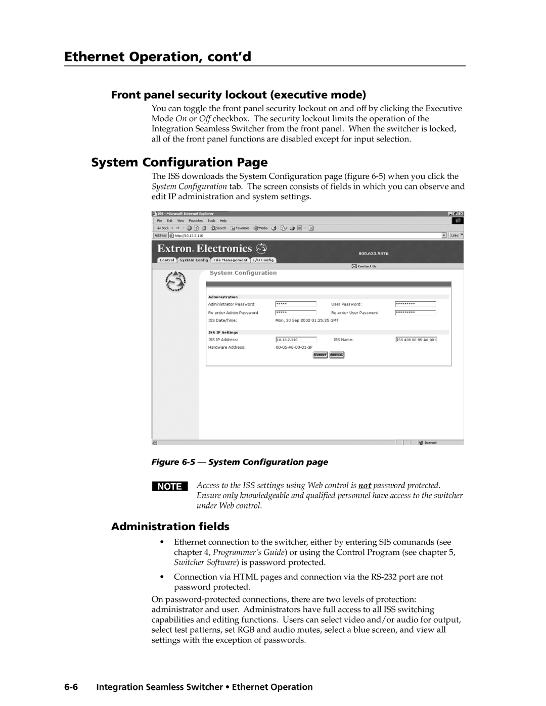 Extron electronic ISS 108, ISS 408 manual System Configuration, Administration fields 