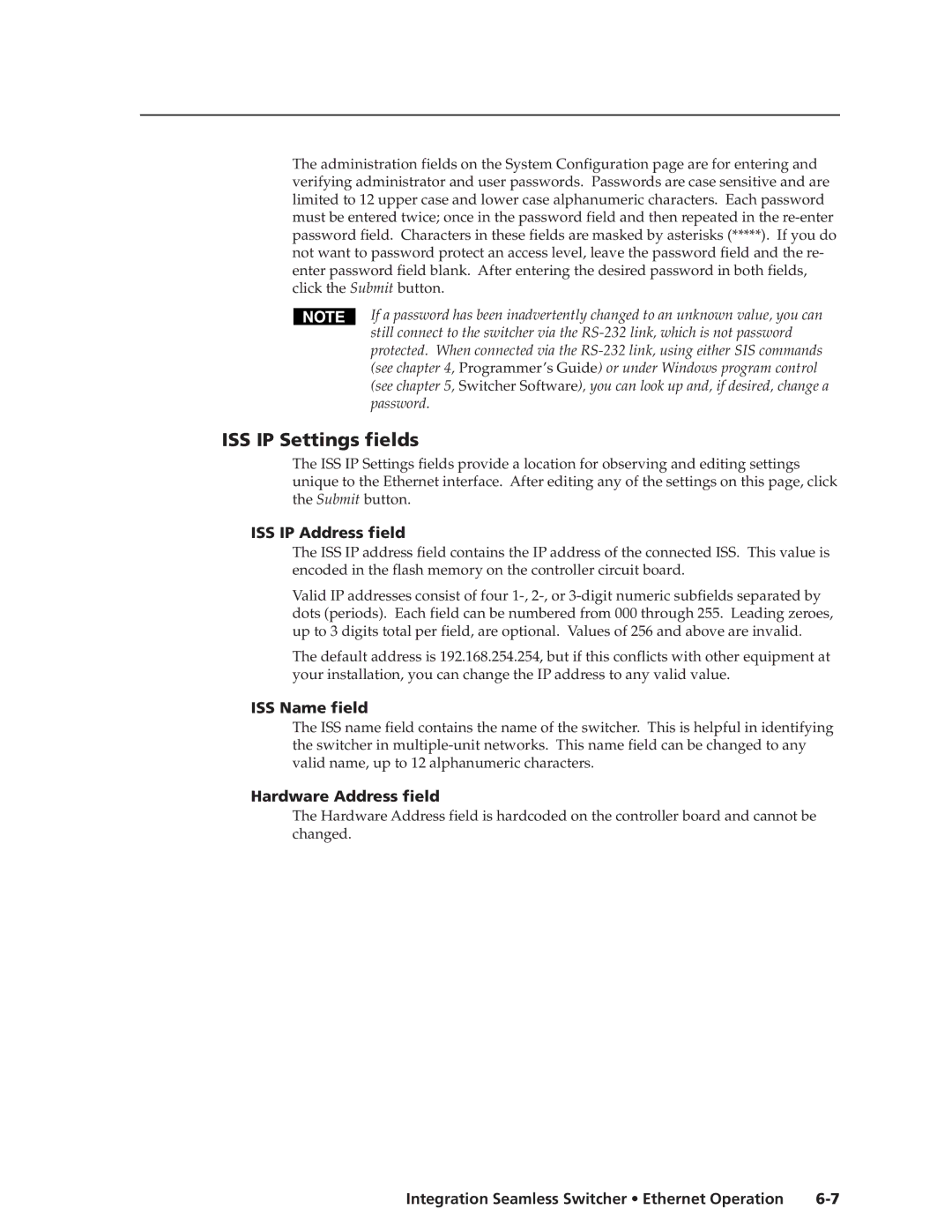 Extron electronic ISS 408, ISS 108 ISS IP Settings fields, ISS IP Address field, ISS Name field, Hardware Address field 