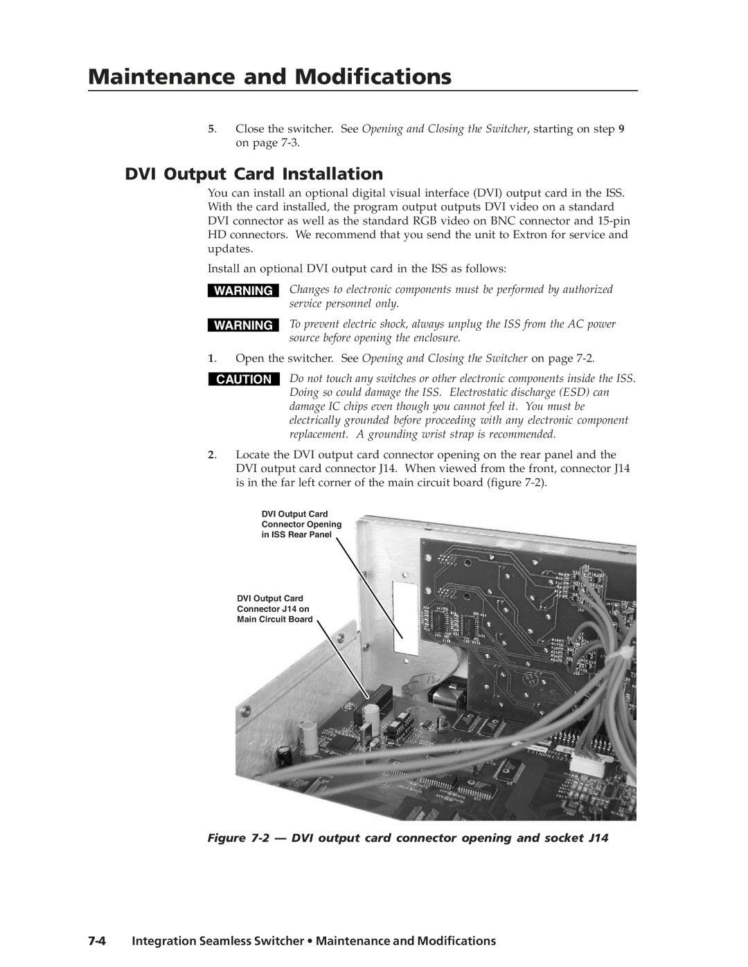 Extron electronic ISS 108, ISS 408 manual DVI Output Card Installation, DVI output card connector opening and socket J14 