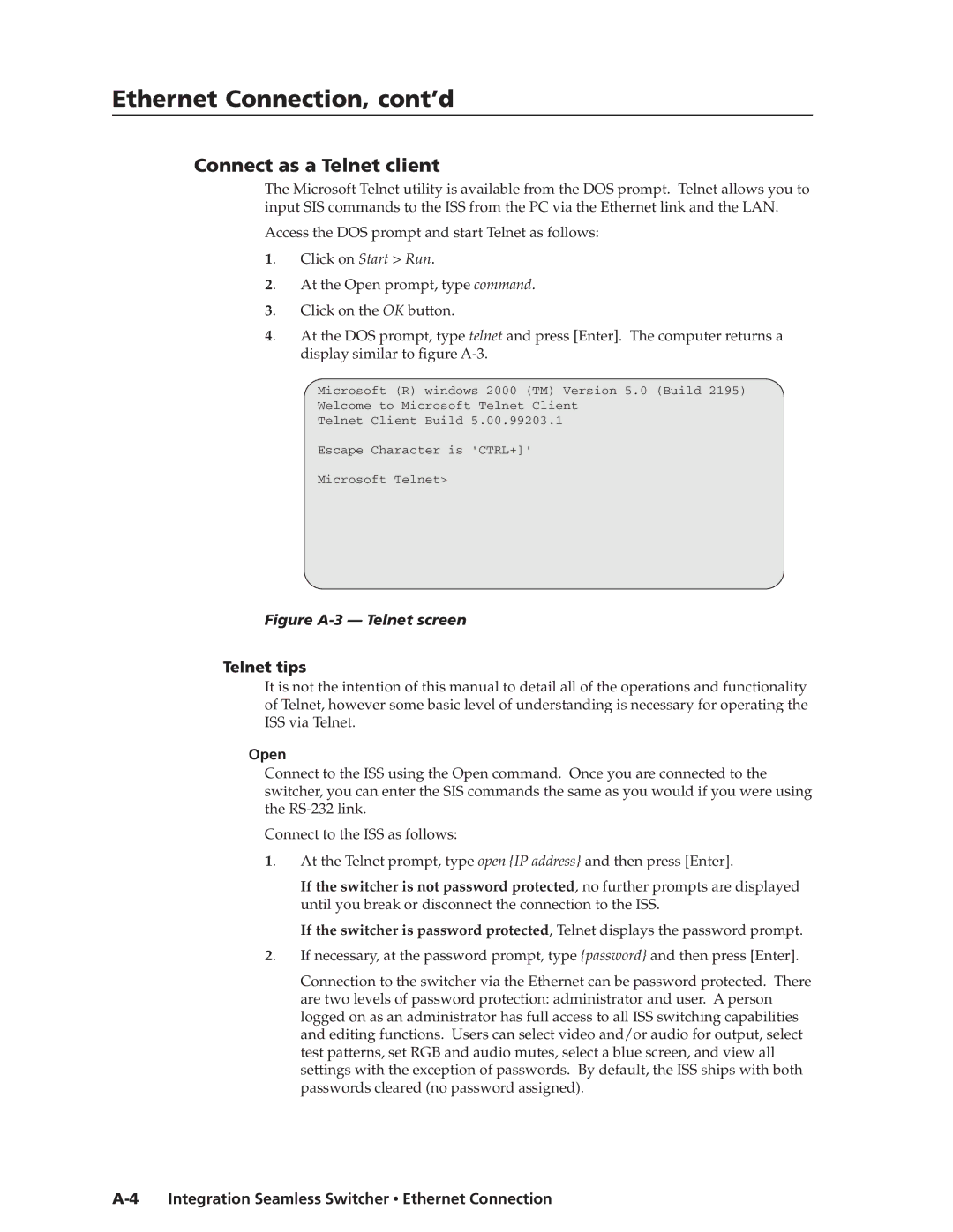 Extron electronic ISS 108, ISS 408 manual Connect as a Telnet client, Telnet tips, Open 