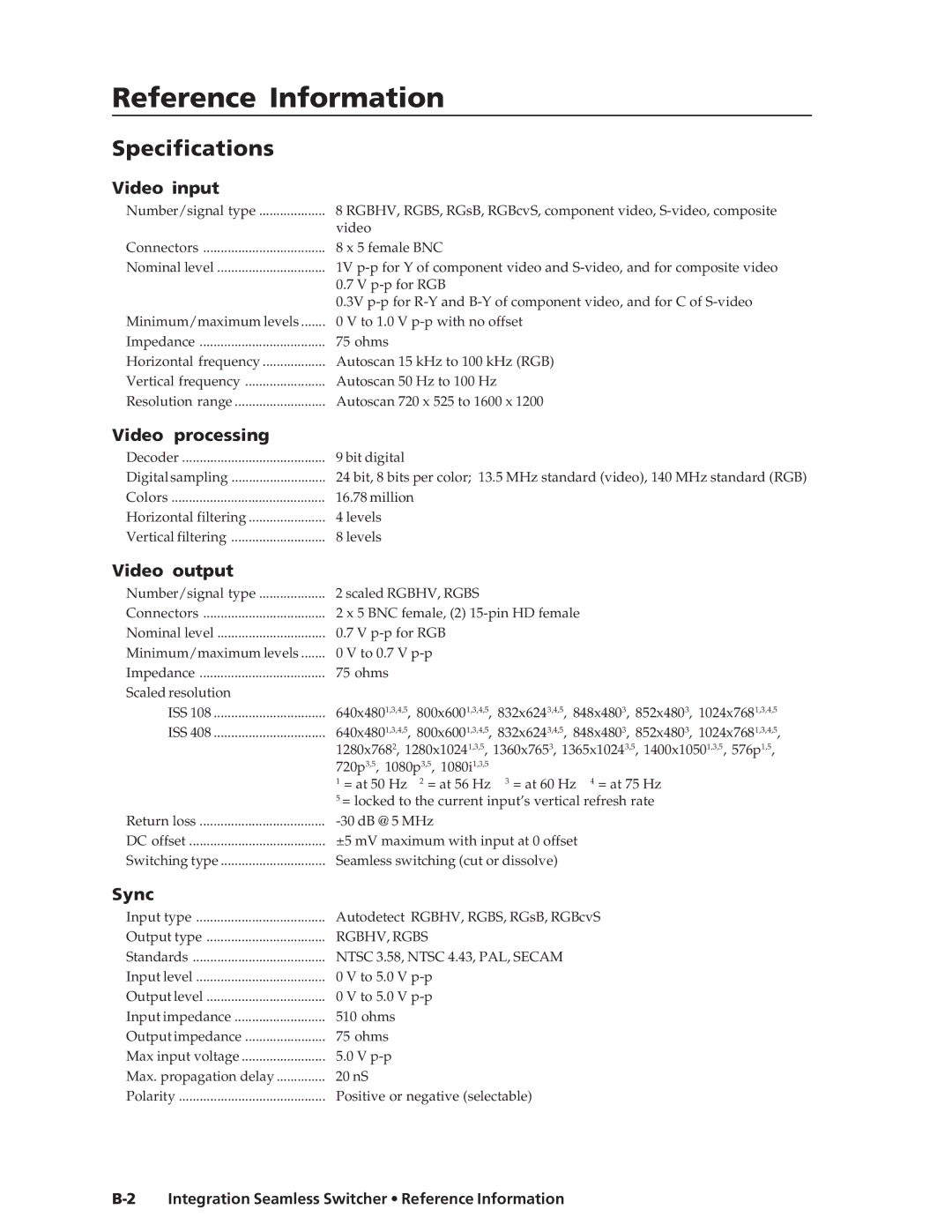 Extron electronic ISS 108, ISS 408 manual Specifications, Integration Seamless Switcher Reference Information 