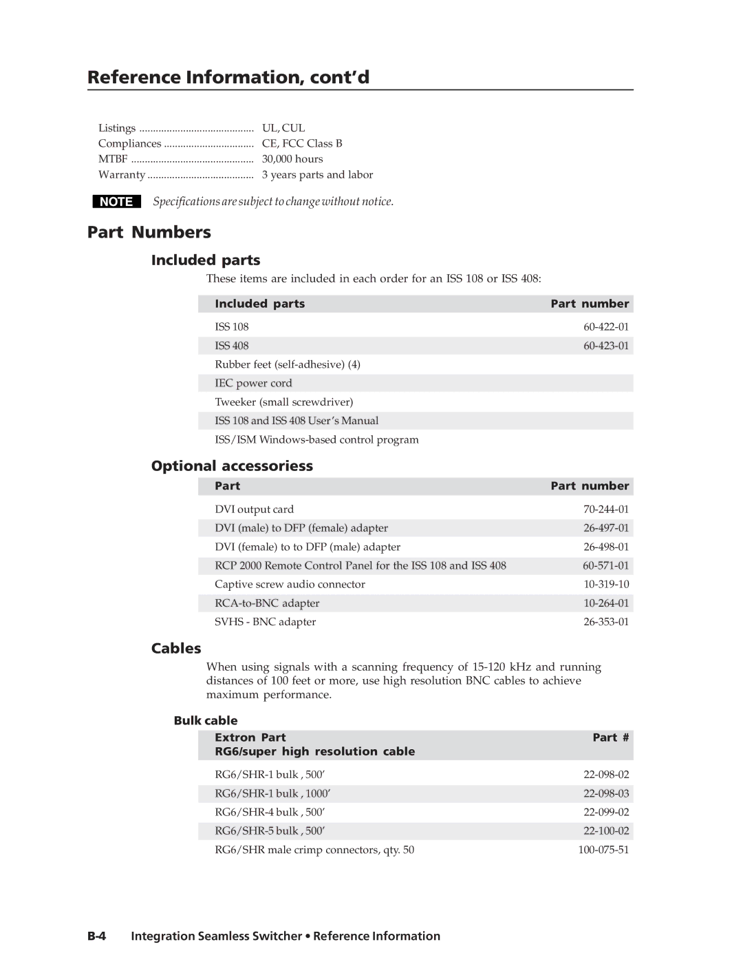 Extron electronic ISS 108 manual Reference Information, cont’d, Part Numbers, Included parts, Optional accessoriess, Cables 