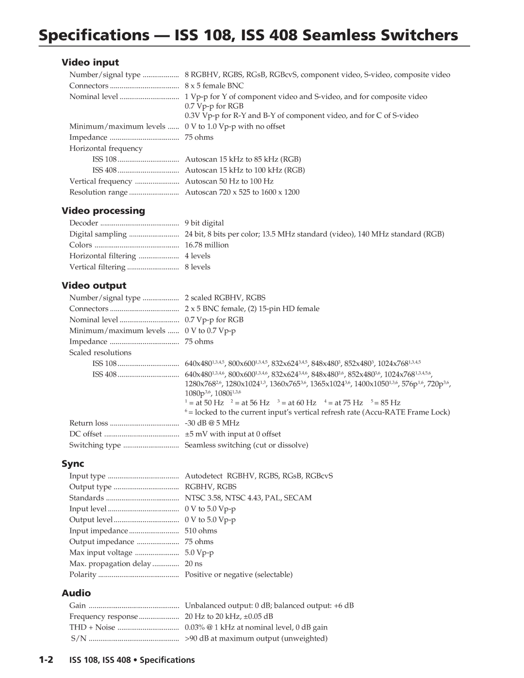 Extron electronic ISS 108 specifications Video input, Video processing, Video output, Sync, Audio 