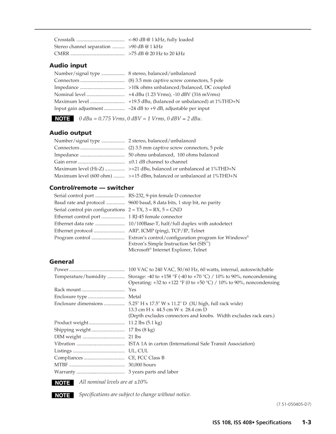 Extron electronic ISS 108 specifications Audio input, Audio output, Control/remote switcher, General 