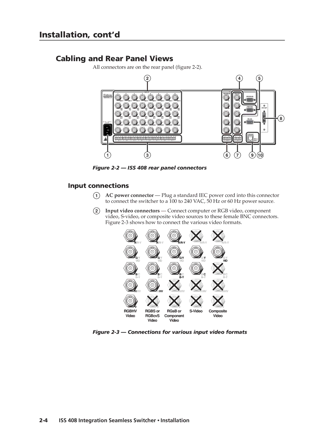 Extron electronic ISS 408 manual Installation, cont’d, Cabling and Rear Panel Views, Input connections 