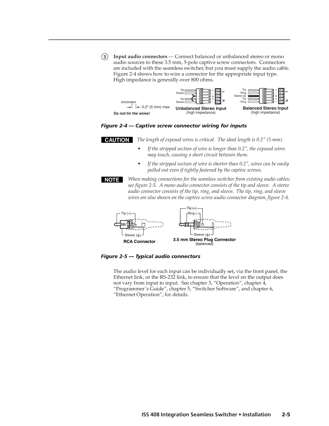 Extron electronic ISS 408 manual Captive screw connector wiring for inputs 