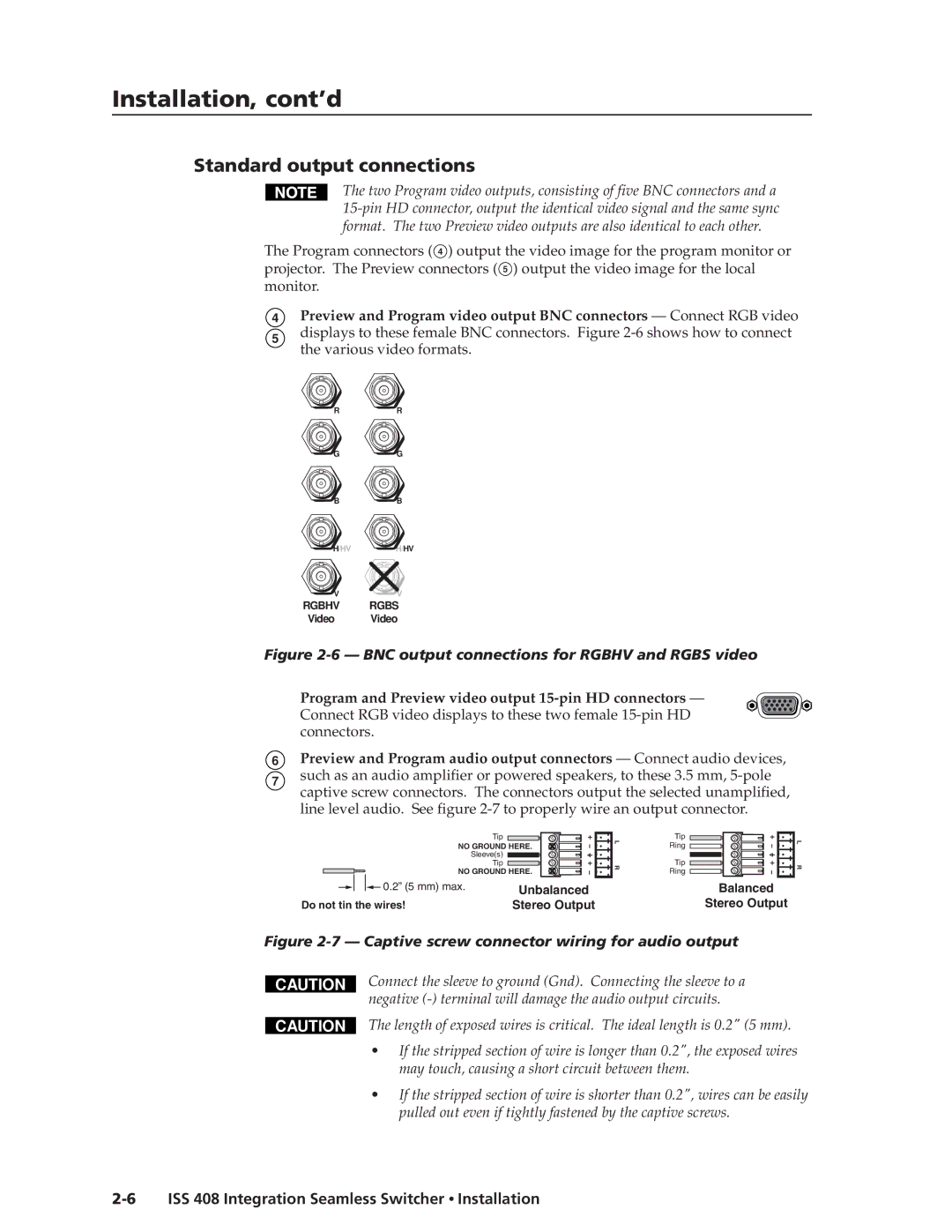 Extron electronic ISS 408 manual Standard output connections, BNC output connections for Rgbhv and Rgbs video 