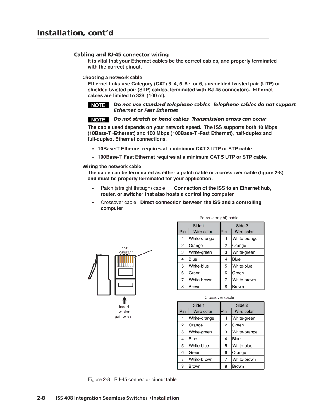 Extron electronic ISS 408 manual Cabling and RJ-45 connector wiring, Choosing a network cable, Wiring the network cable 