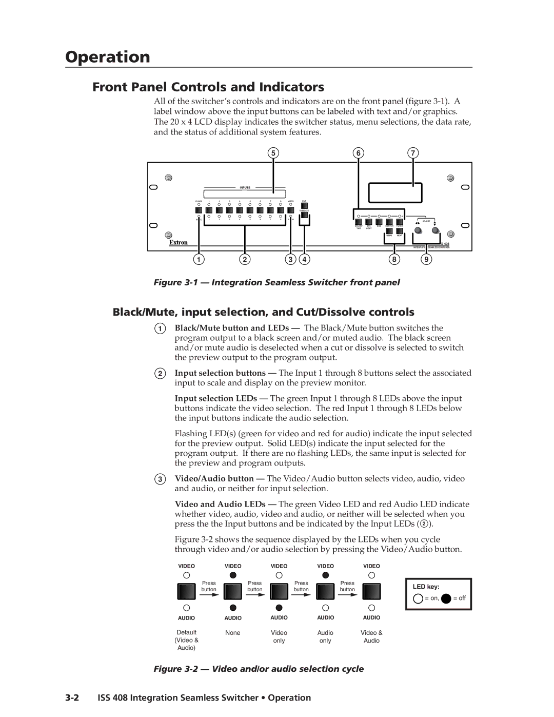 Extron electronic ISS 408 manual Operationeration, cont’d, Front Panel Controls and Indicators 