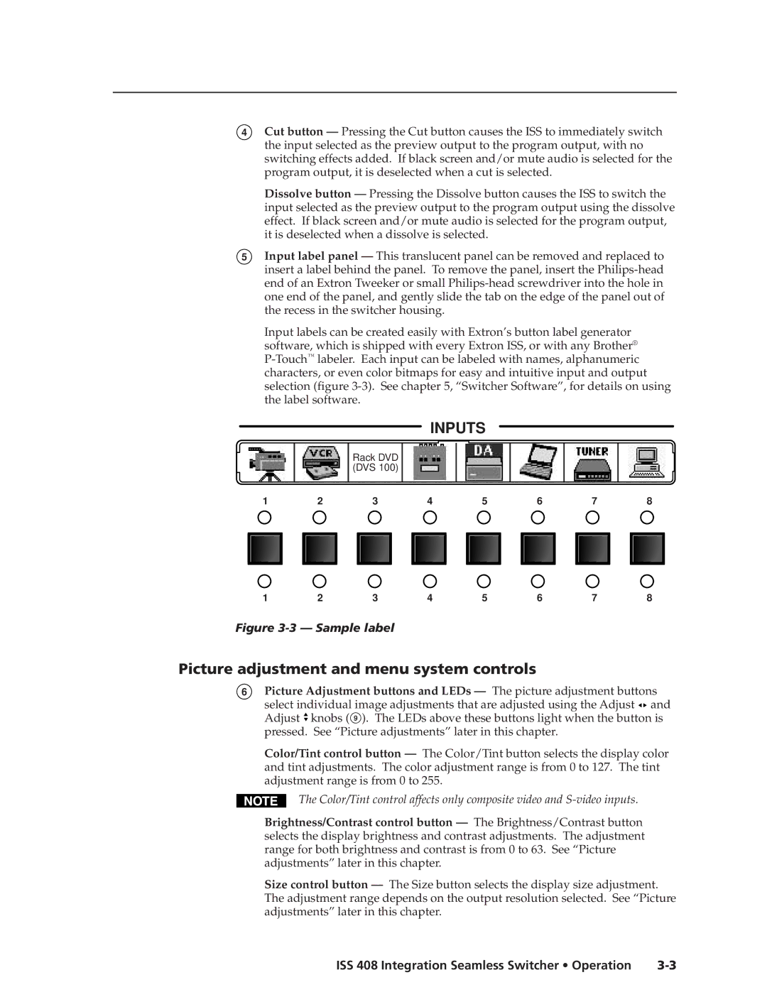 Extron electronic ISS 408 manual Inputs, Picture adjustment and menu system controls 