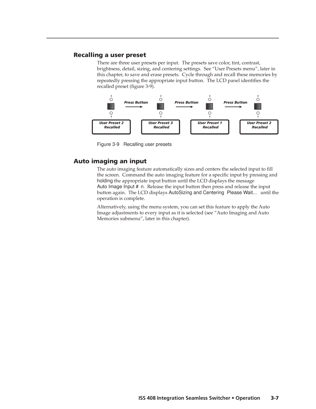 Extron electronic ISS 408 manual Recalling a user preset, Auto imaging an input 