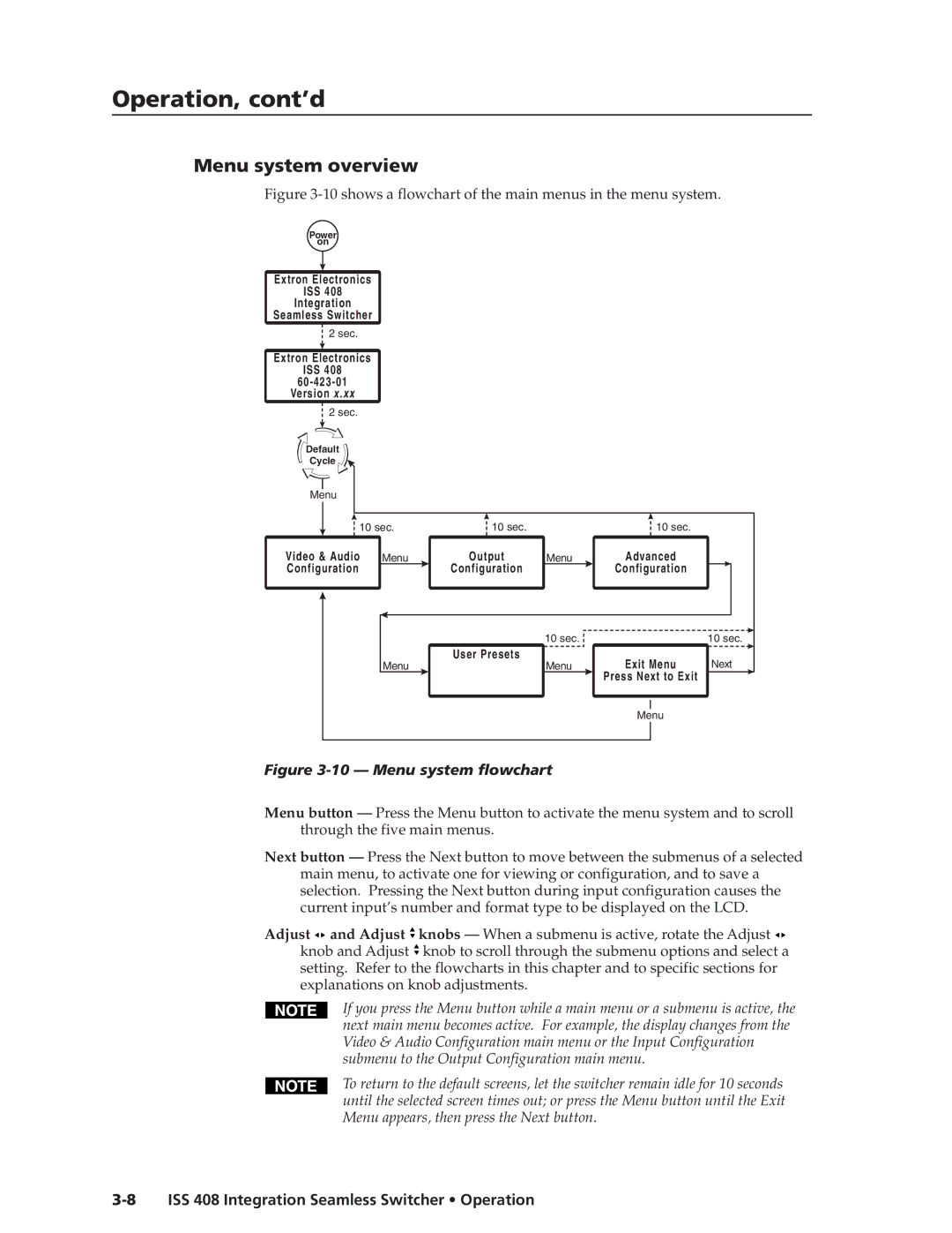 Extron electronic ISS 408 manual Menu system overview, Extron Electronics ISS 60-423-01 Version 