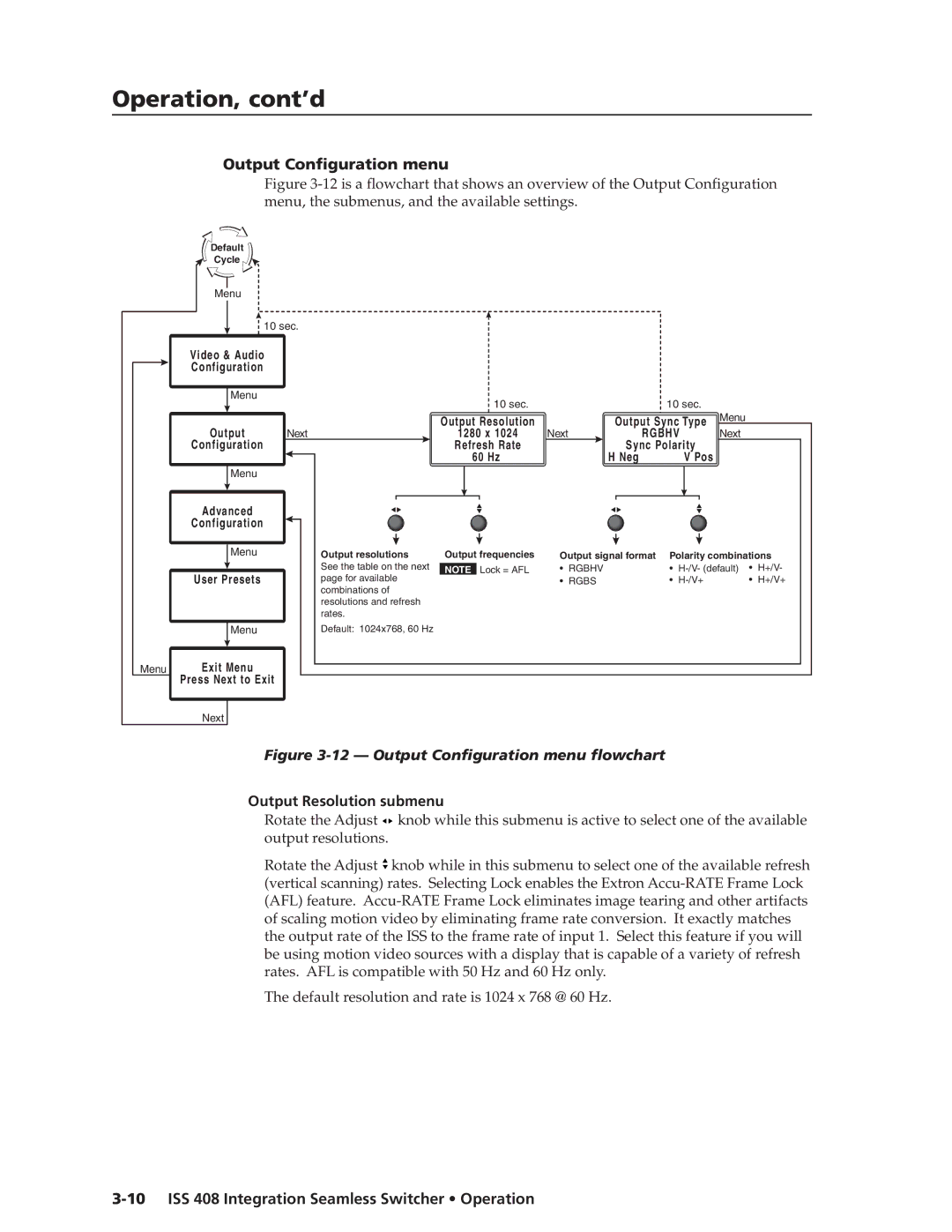 Extron electronic ISS 408 manual Output Configuration menu, Output Resolution submenu 