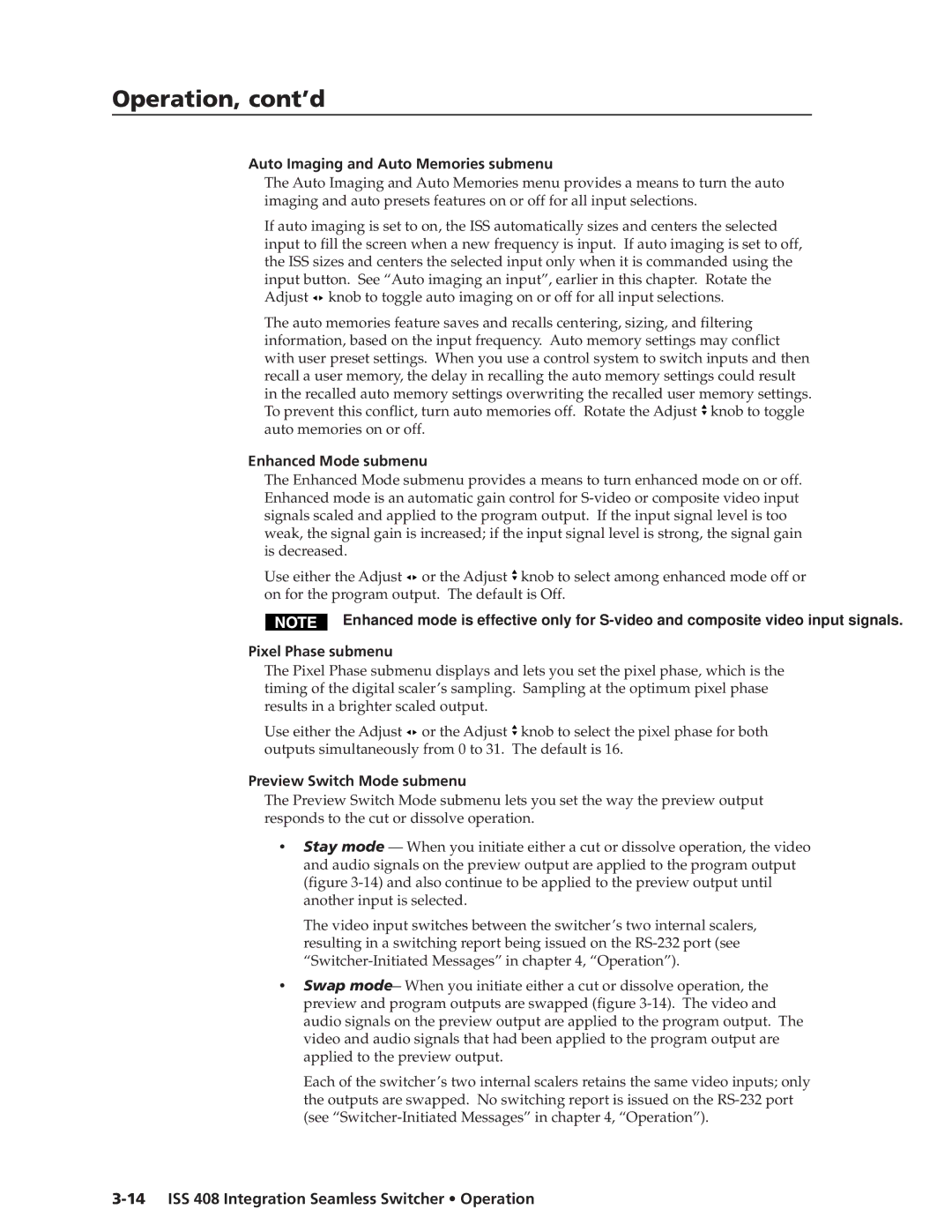 Extron electronic ISS 408 manual Auto Imaging and Auto Memories submenu, Enhanced Mode submenu, Pixel Phase submenu 