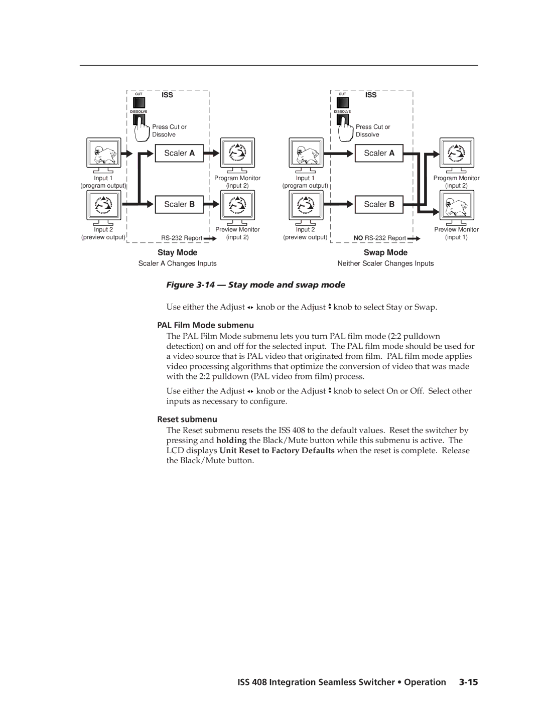 Extron electronic ISS 408 manual PAL Film Mode submenu, Reset submenu 