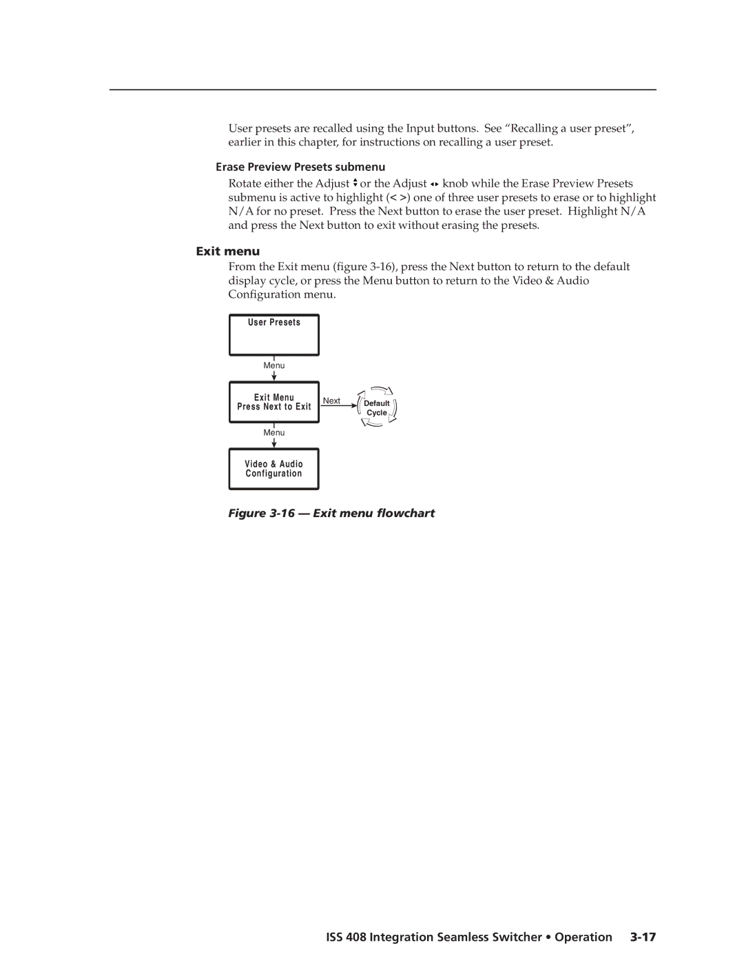 Extron electronic ISS 408 manual Erase Preview Presets submenu, Exit menu 