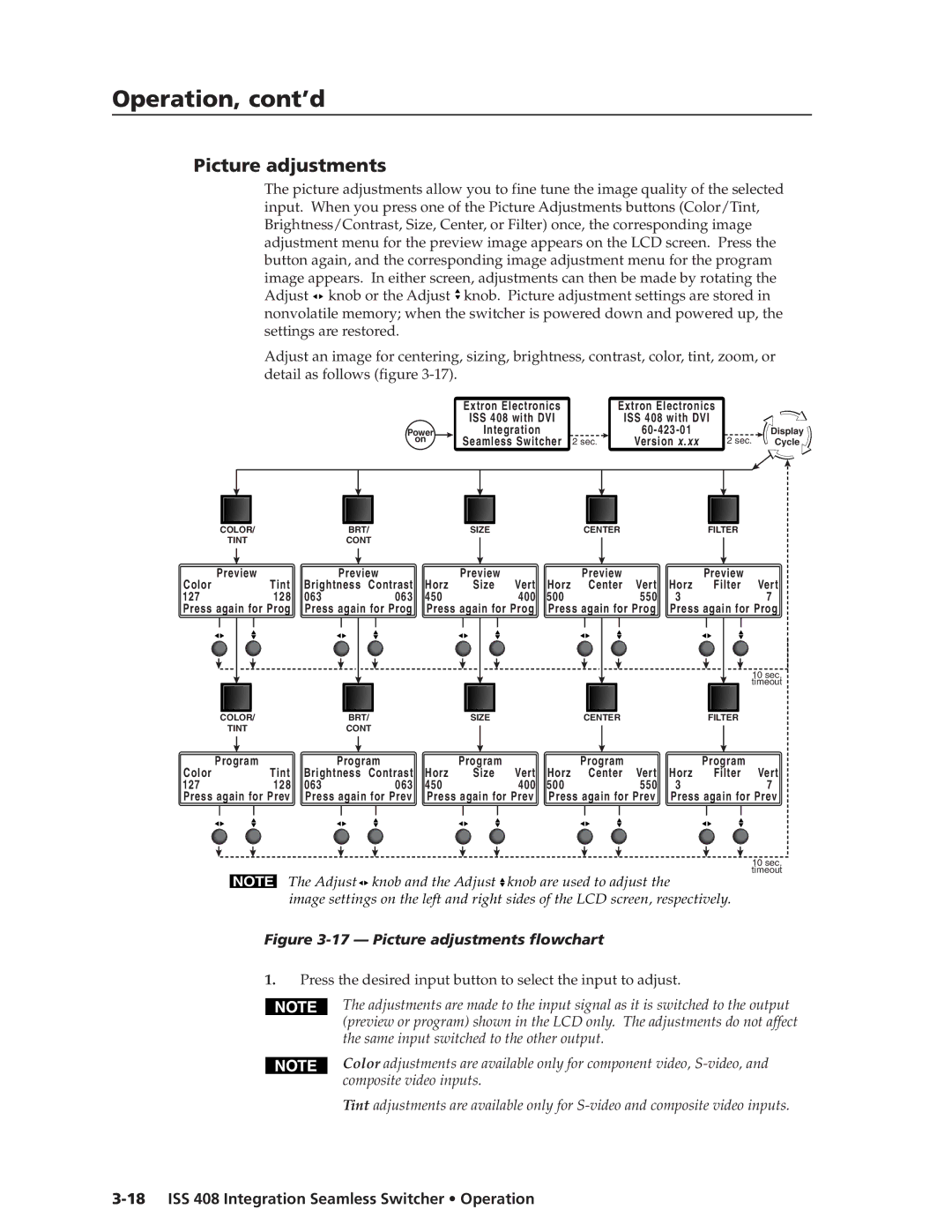 Extron electronic ISS 408 manual Picture adjustments, 127 128 063 450 400 500 550 