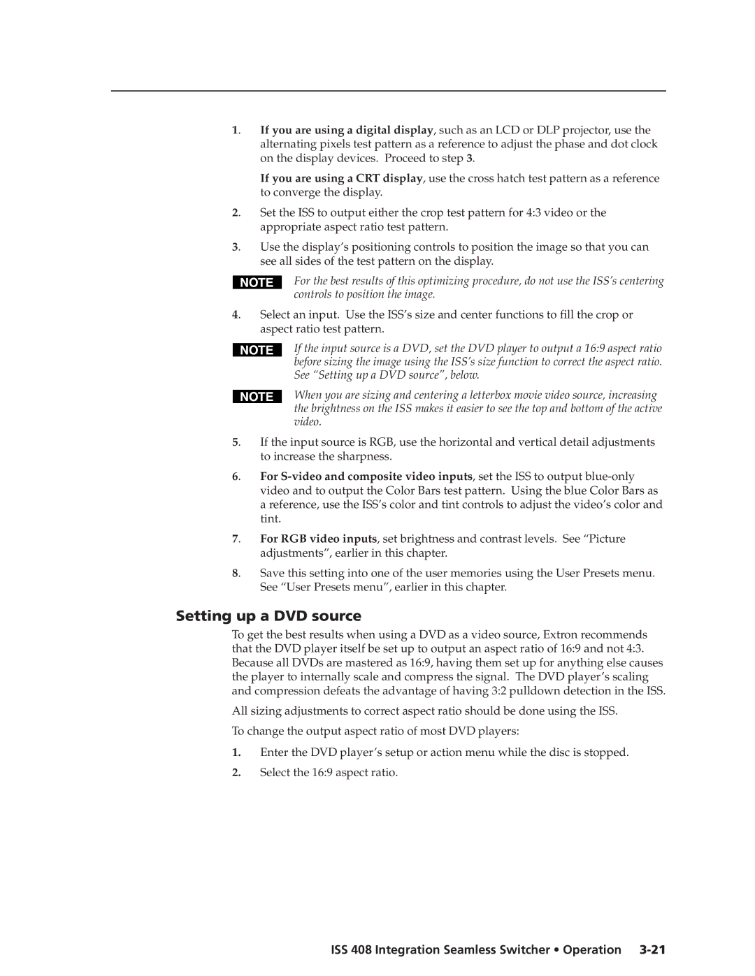 Extron electronic ISS 408 manual Setting up a DVD source, Controls to position the image 