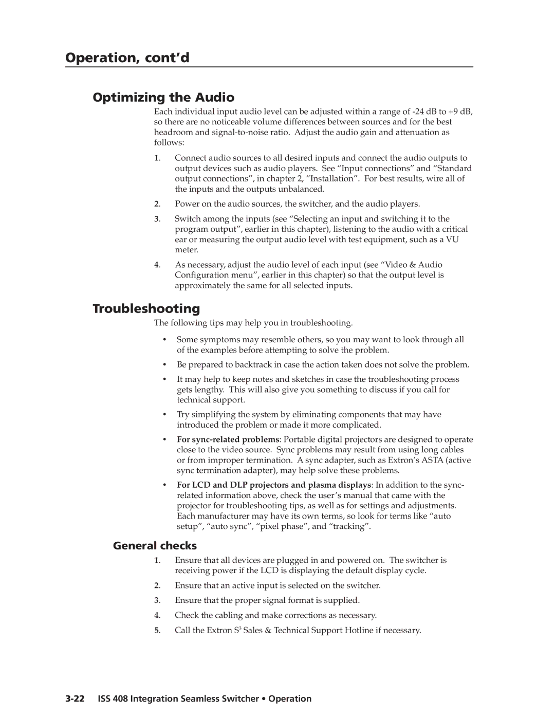 Extron electronic ISS 408 manual Optimizing the Audio, Troubleshooting, General checks 