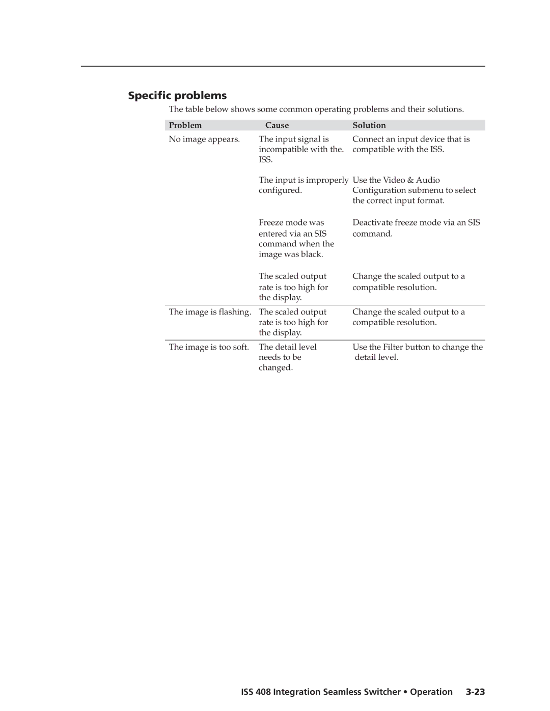 Extron electronic ISS 408 manual Specific problems, Problem Cause Solution 