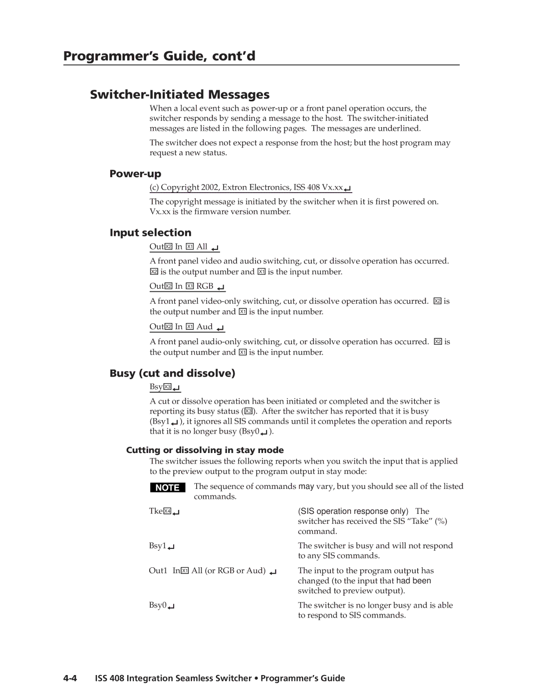 Extron electronic ISS 408 manual Programmer’s Guide, cont’d, Switcher-Initiated Messages, Power-up, Input selection 