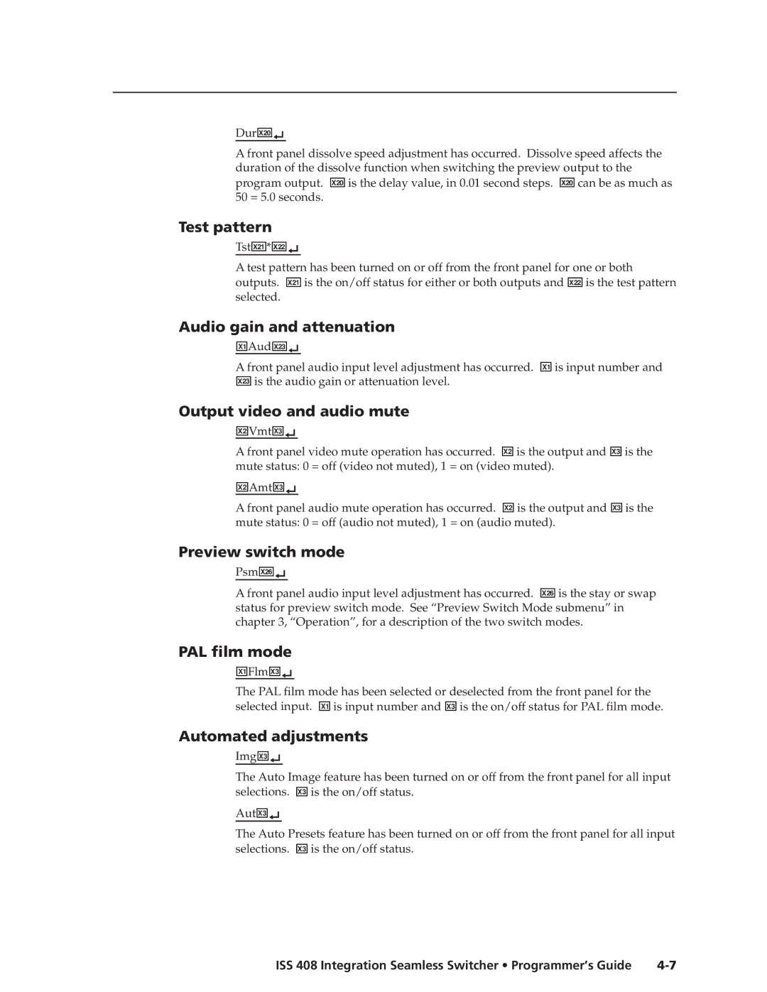 Extron electronic ISS 408 manual Test pattern, Audio gain and attenuation, Output video and audio mute, Preview switch mode 