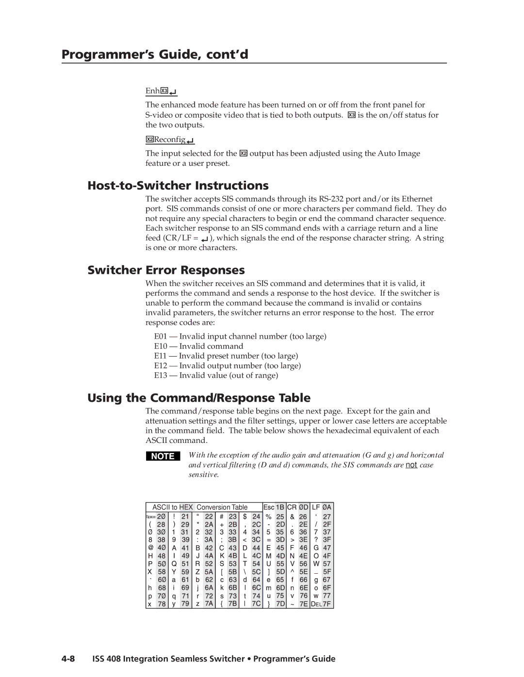 Extron electronic ISS 408 manual Host-to-Switcher Instructions, Switcher Error Responses, Using the Command/Response Table 