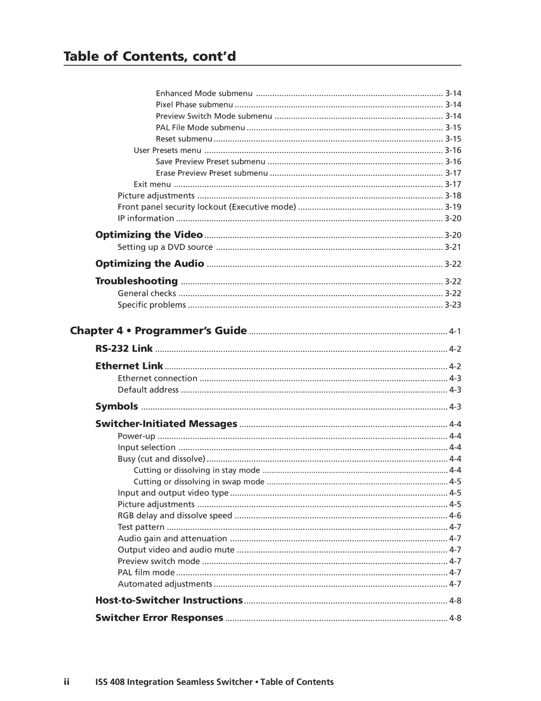 Extron electronic ISS 408 manual Table of Contents, cont’d 