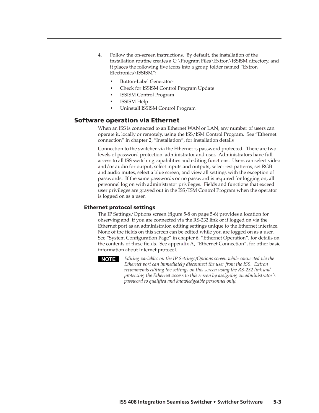 Extron electronic ISS 408 manual Software operation via Ethernet, Ethernet protocol settings 