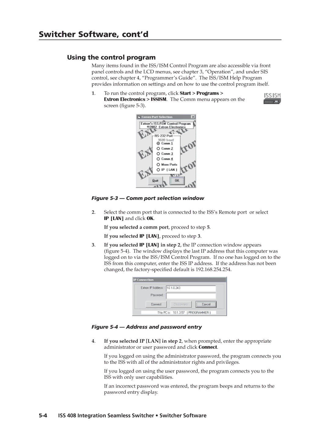 Extron electronic ISS 408 manual Switcher Software, cont’d, Using the control program 