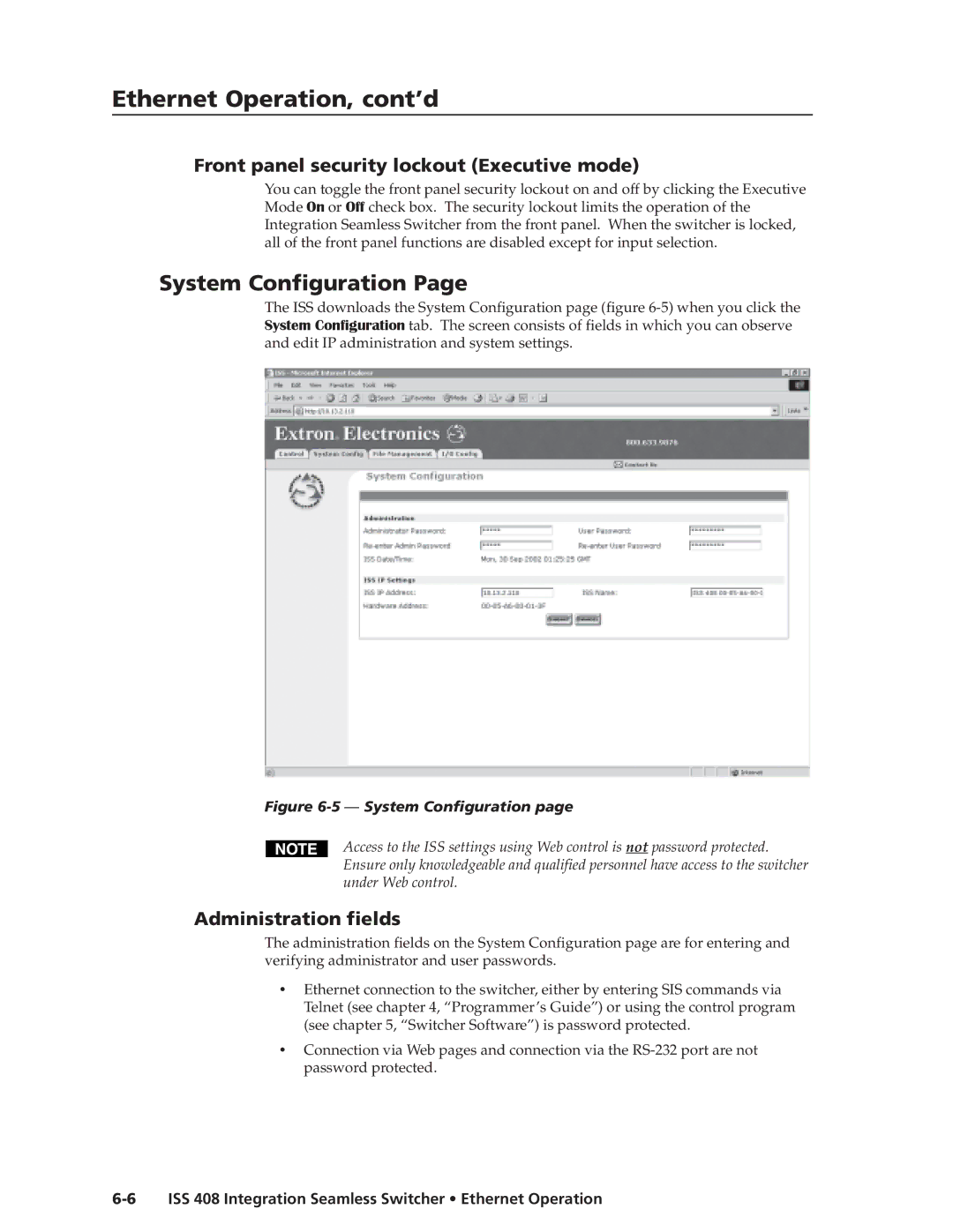 Extron electronic ISS 408 manual System Configuration, Administration fields 