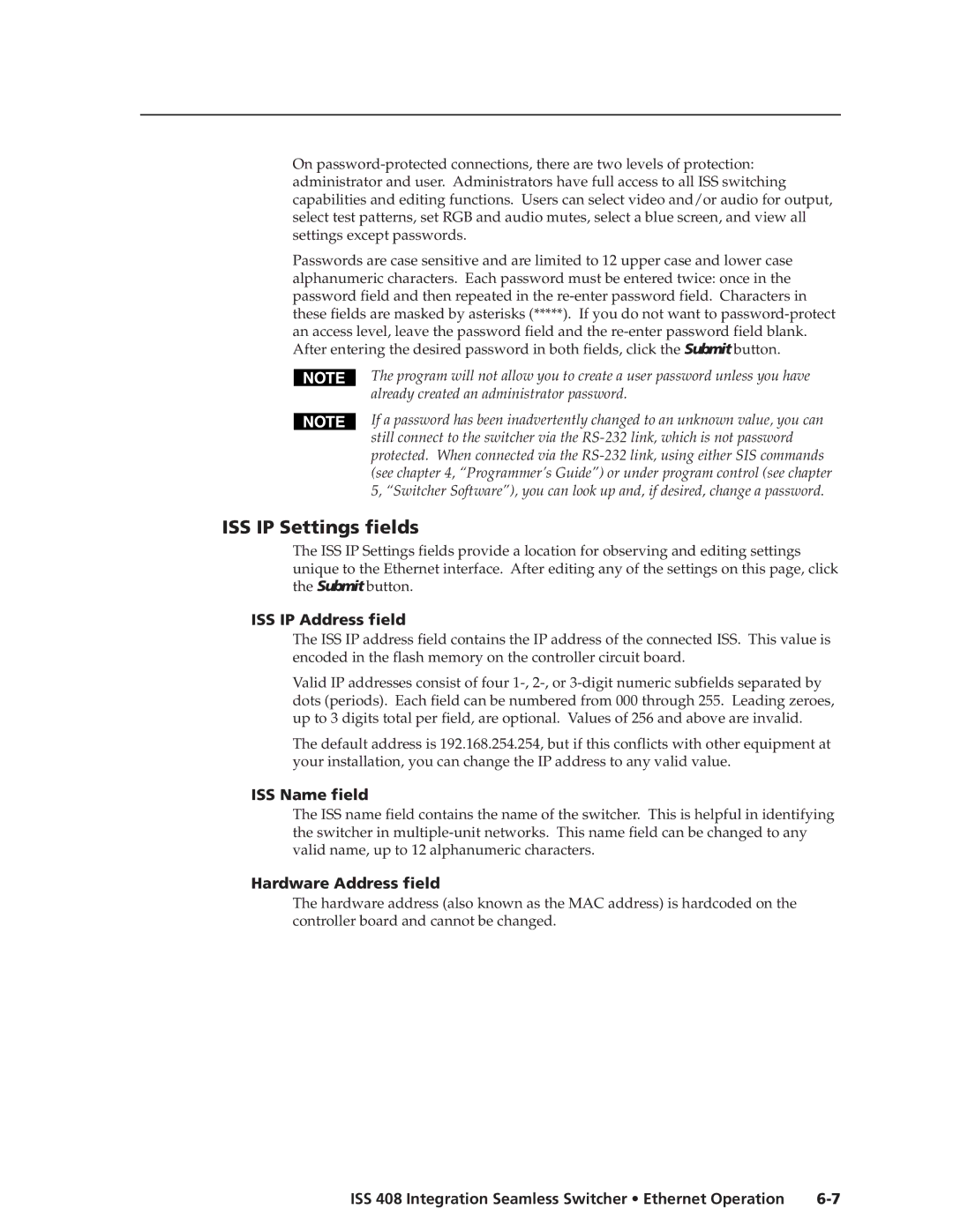 Extron electronic ISS 408 manual ISS IP Settings fields, ISS IP Address field, ISS Name field, Hardware Address field 