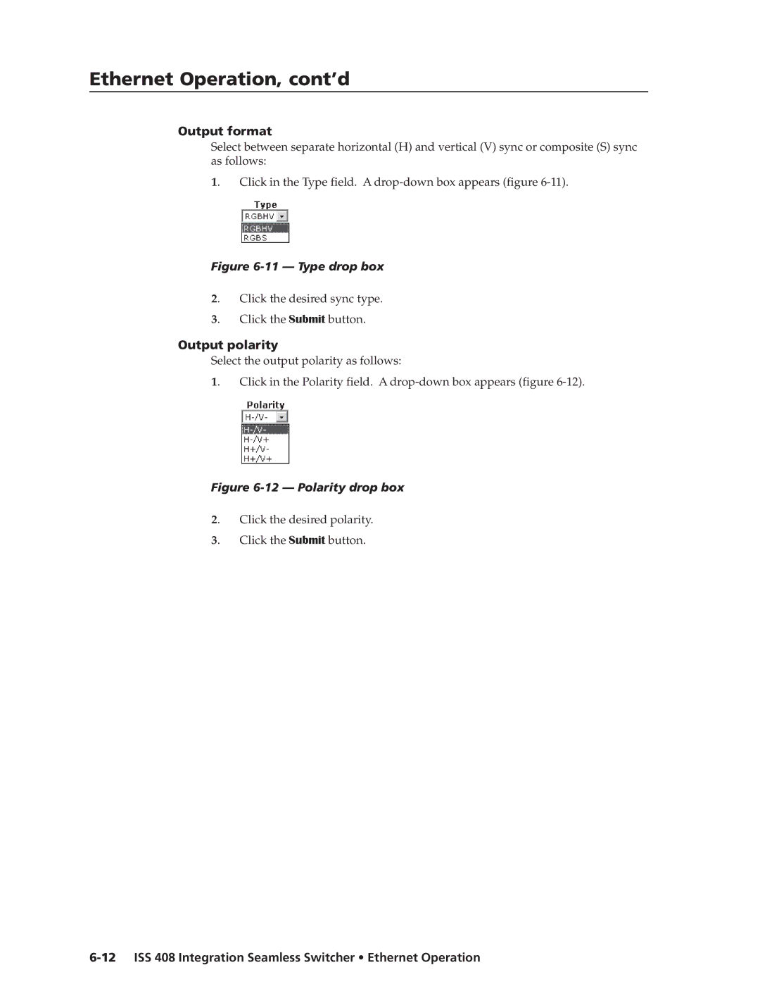 Extron electronic ISS 408 manual Output format, Output polarity 