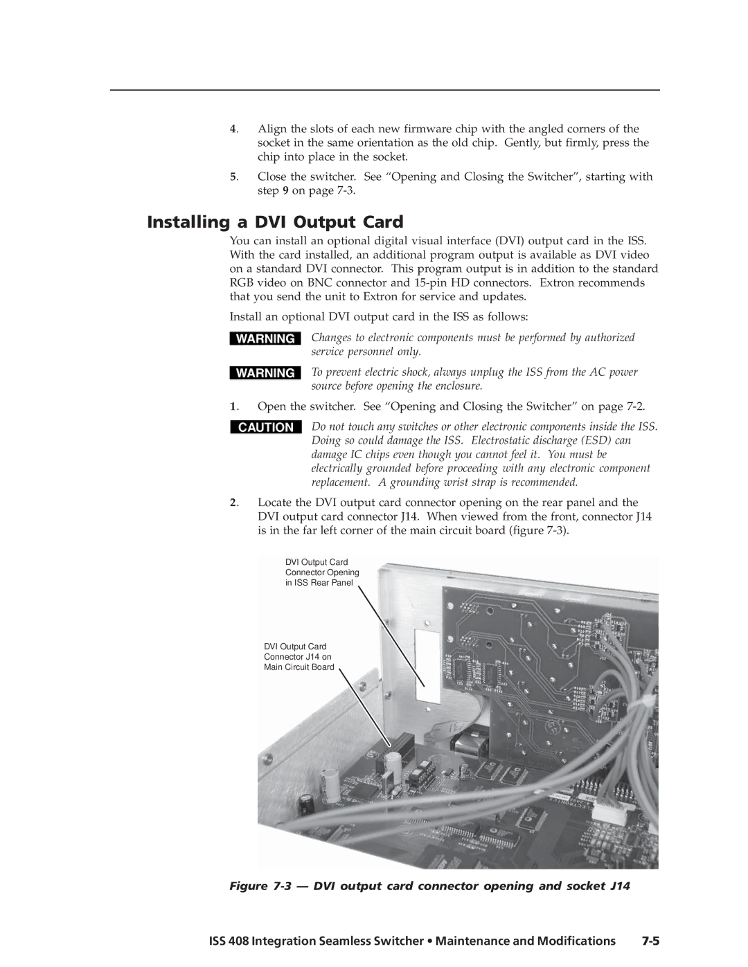 Extron electronic ISS 408 manual Installing a DVI Output Card, DVI output card connector opening and socket J14 