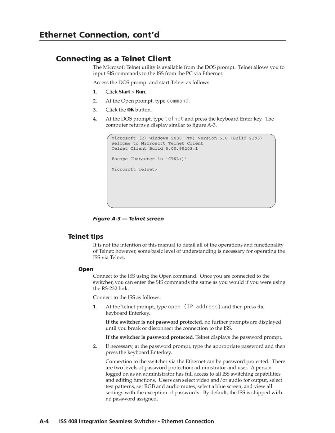 Extron electronic ISS 408 manual Ethernet Connection, cont’d, Connecting as a Telnet Client, Telnet tips, Open 