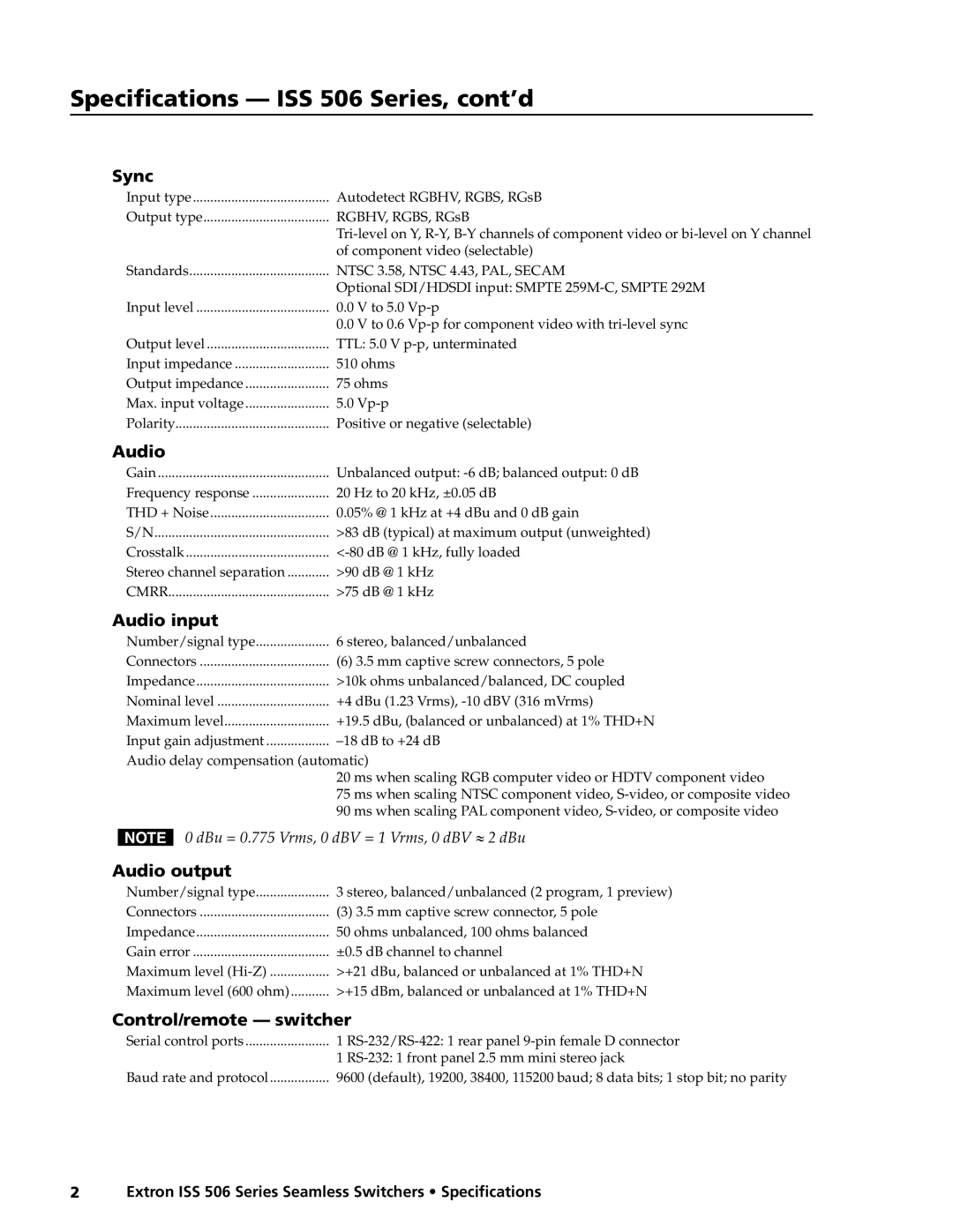 Extron electronic ISS 506 Series specifications Sync, Audio input, Audio output, Control/remote switcher 