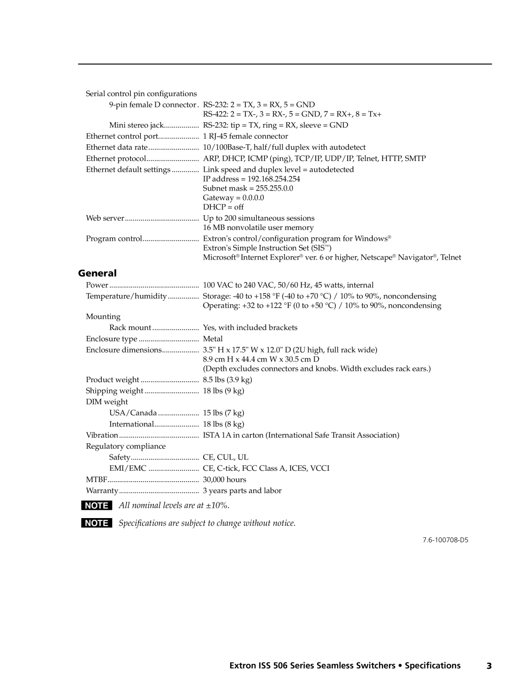 Extron electronic ISS 506 Series specifications General 