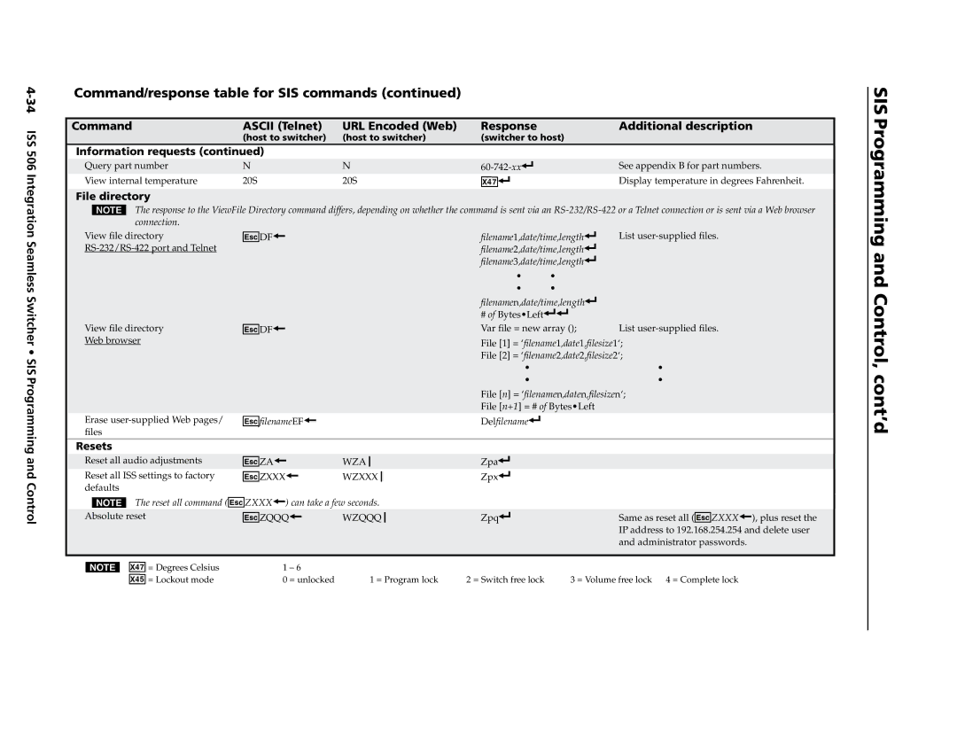 Extron electronic manual SIS Programming, ISS 506 Integration Seamless, File directory, Resets 