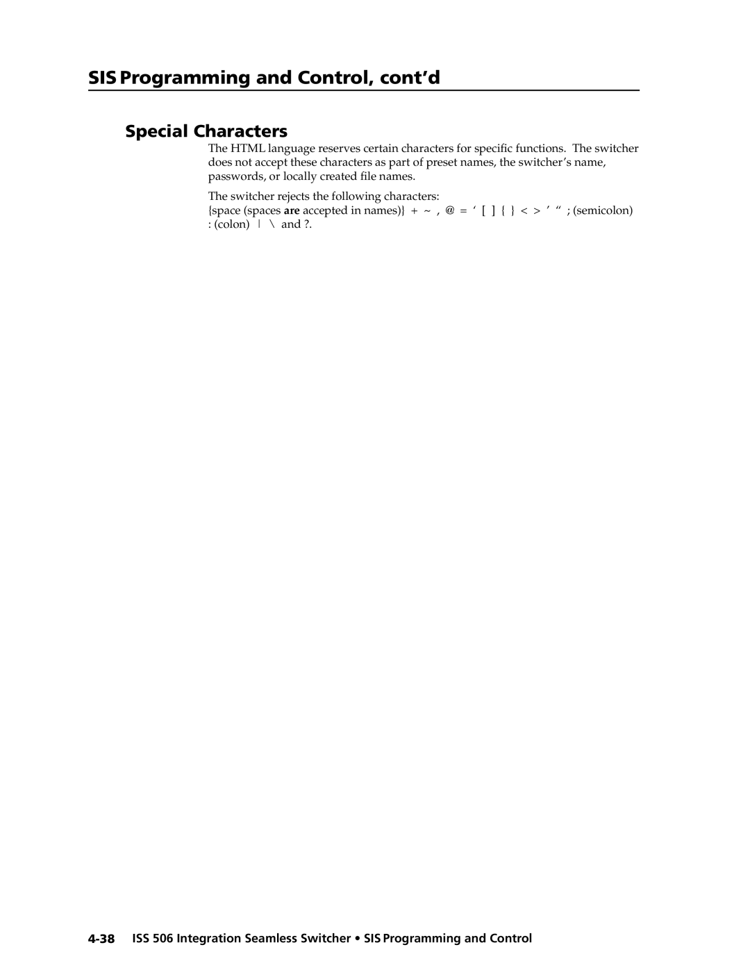 Extron electronic ISS 506 manual SIS Programming and Control, cont’d, Special Characters 