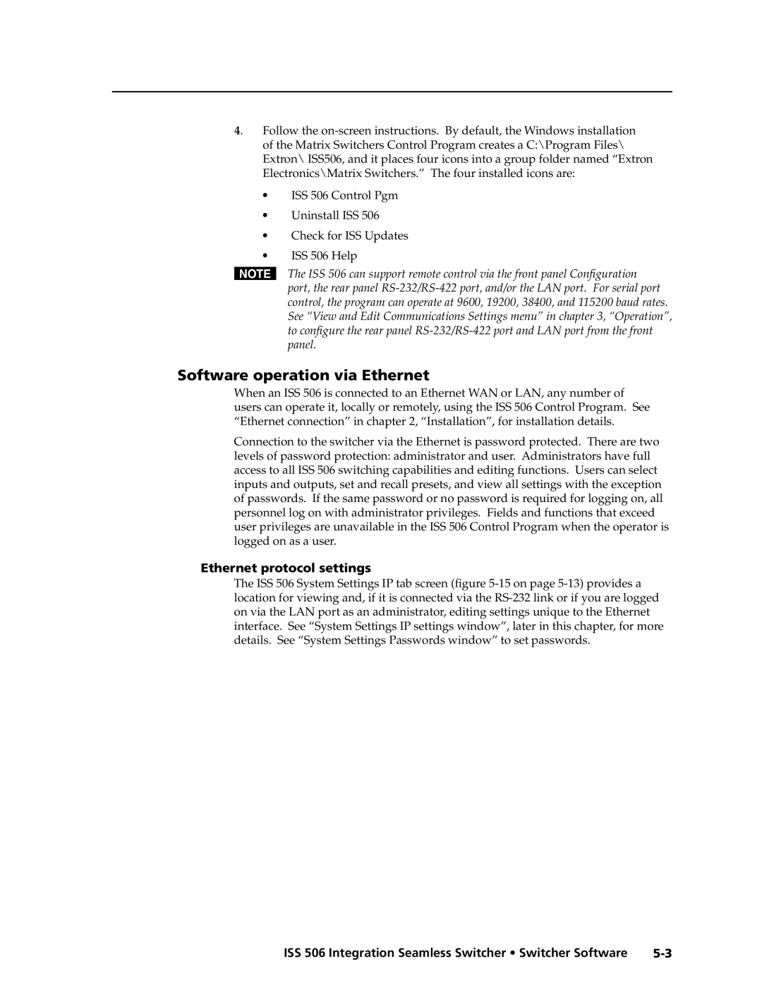 Extron electronic ISS 506 manual Software operation via Ethernet, Ethernet protocol settings 