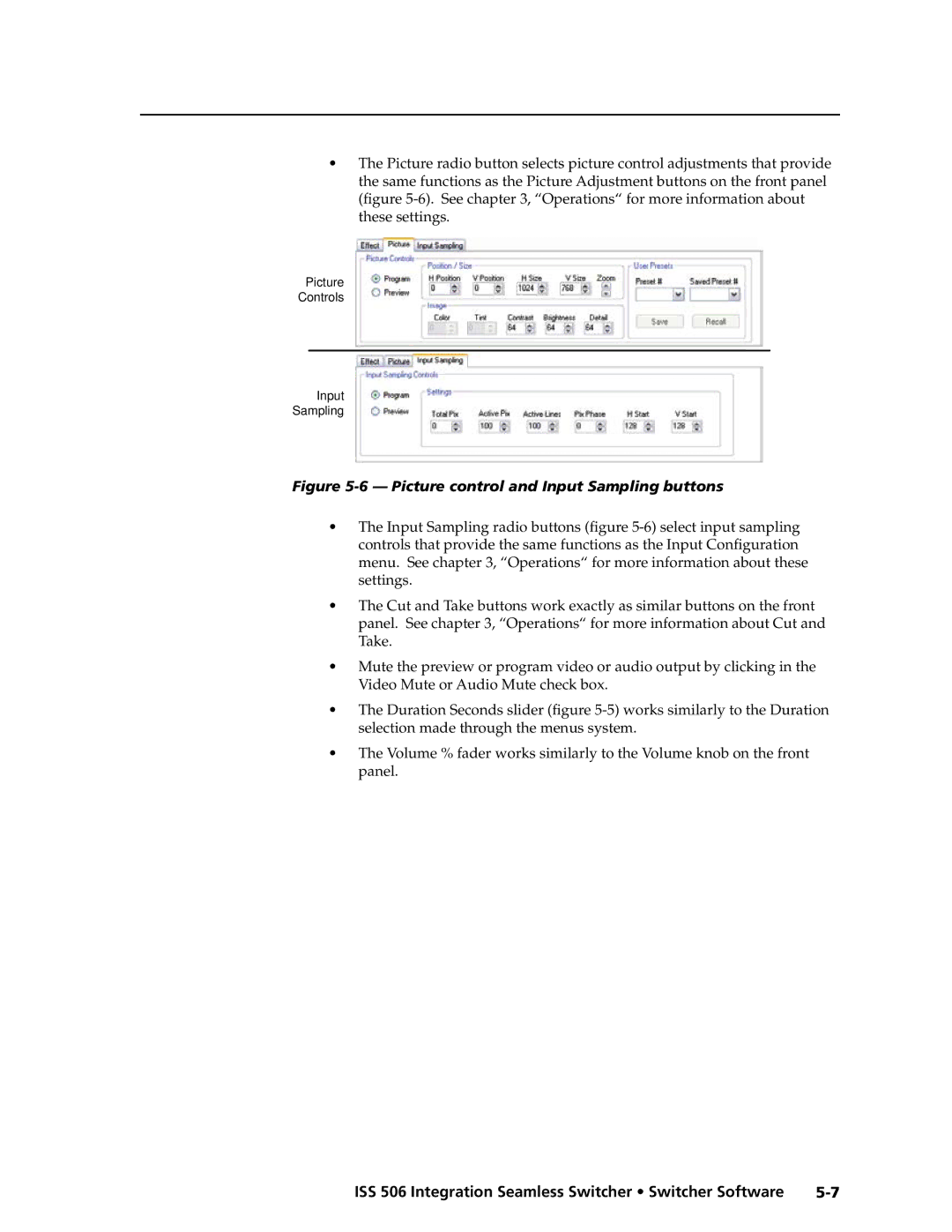 Extron electronic ISS 506 manual Picture control and Input Sampling buttons 