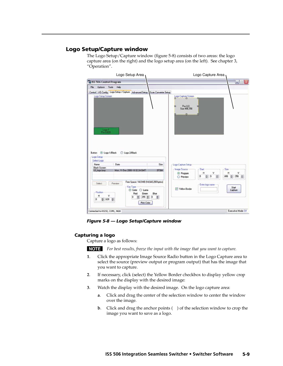 Extron electronic ISS 506 manual Logo Setup/Capture window, Capturing a logo 