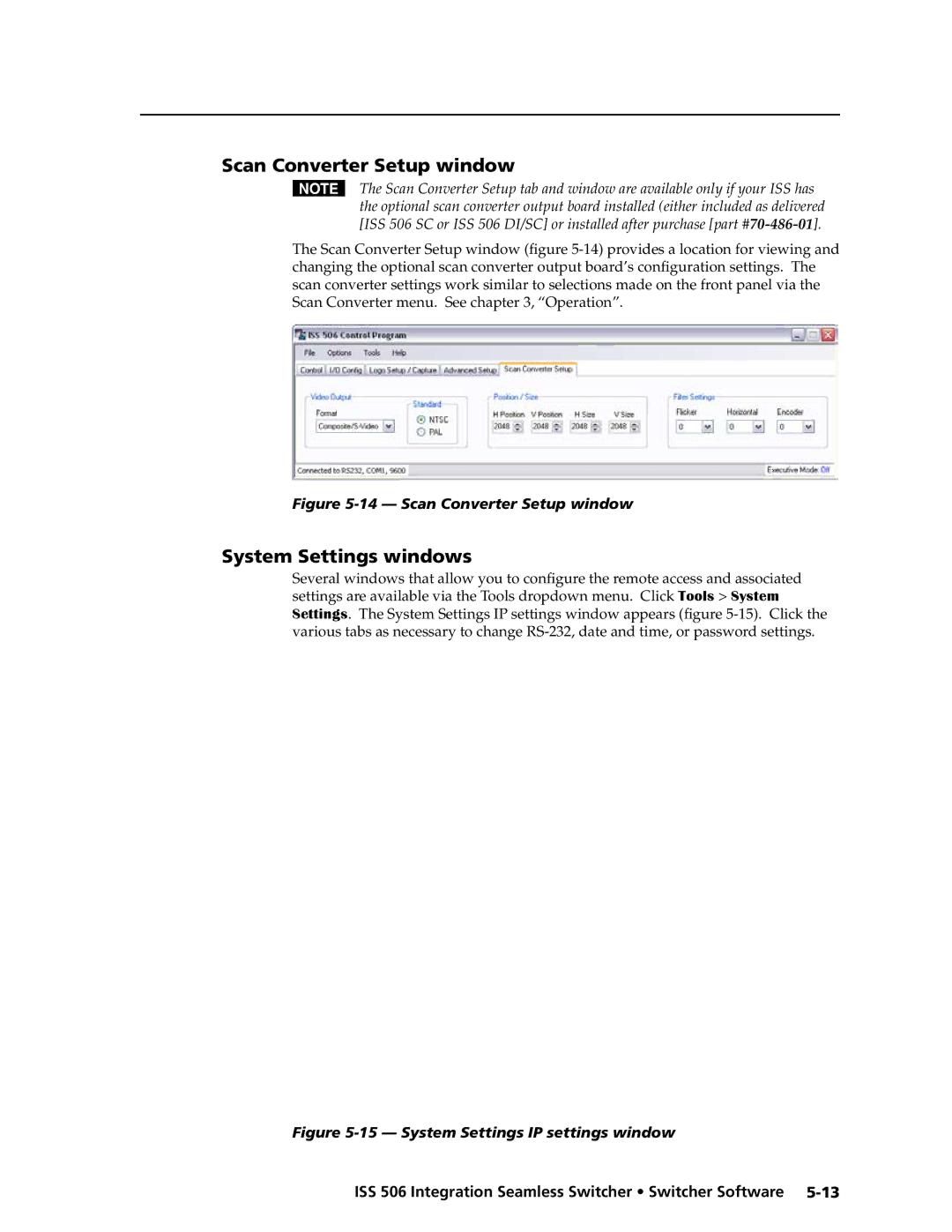 Extron electronic ISS 506 manual Scan Converter Setup window, System Settings windows 