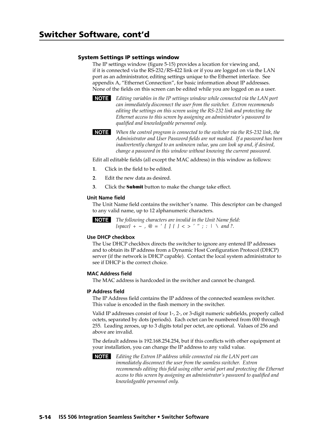 Extron electronic ISS 506 manual System Settings IP settings window, Unit Name field, Use Dhcp checkbox, MAC Address field 