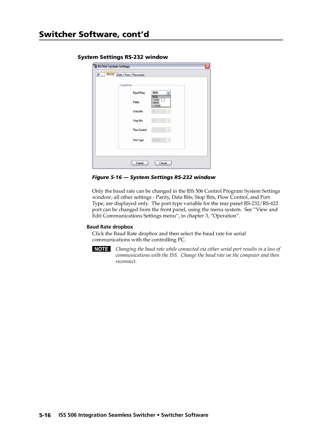 Extron electronic ISS 506 manual System Settings RS-232 window, Baud Rate dropbox 