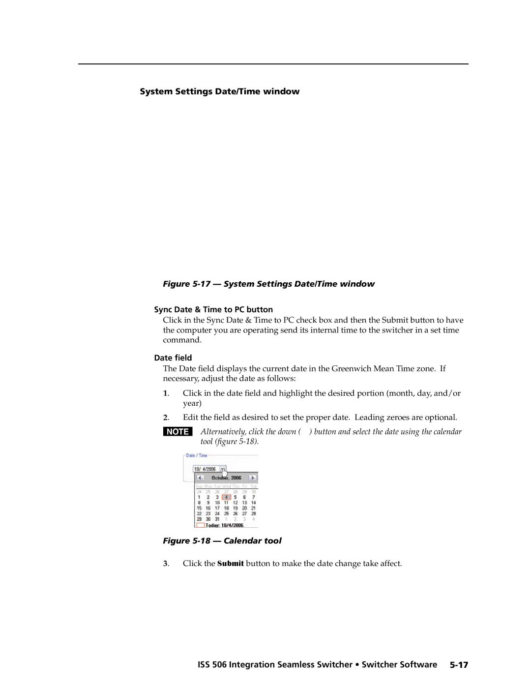 Extron electronic ISS 506 manual System Settings Date/Time window, Sync Date & Time to PC button, Date field 