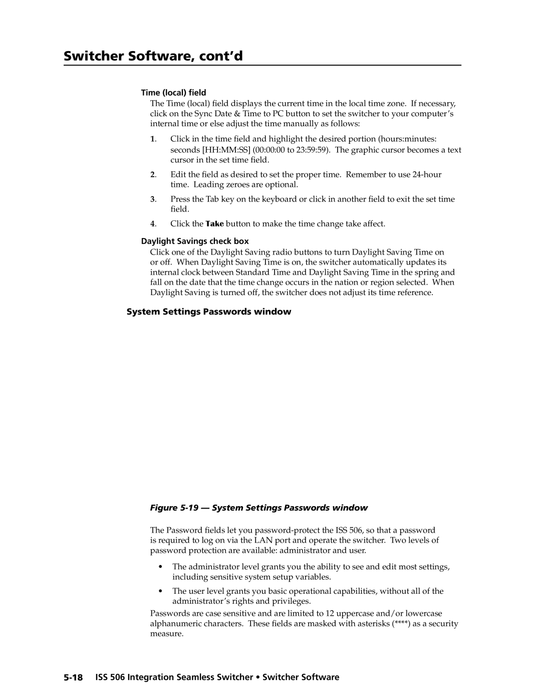 Extron electronic ISS 506 manual Time local field, Daylight Savings check box, System Settings Passwords window 